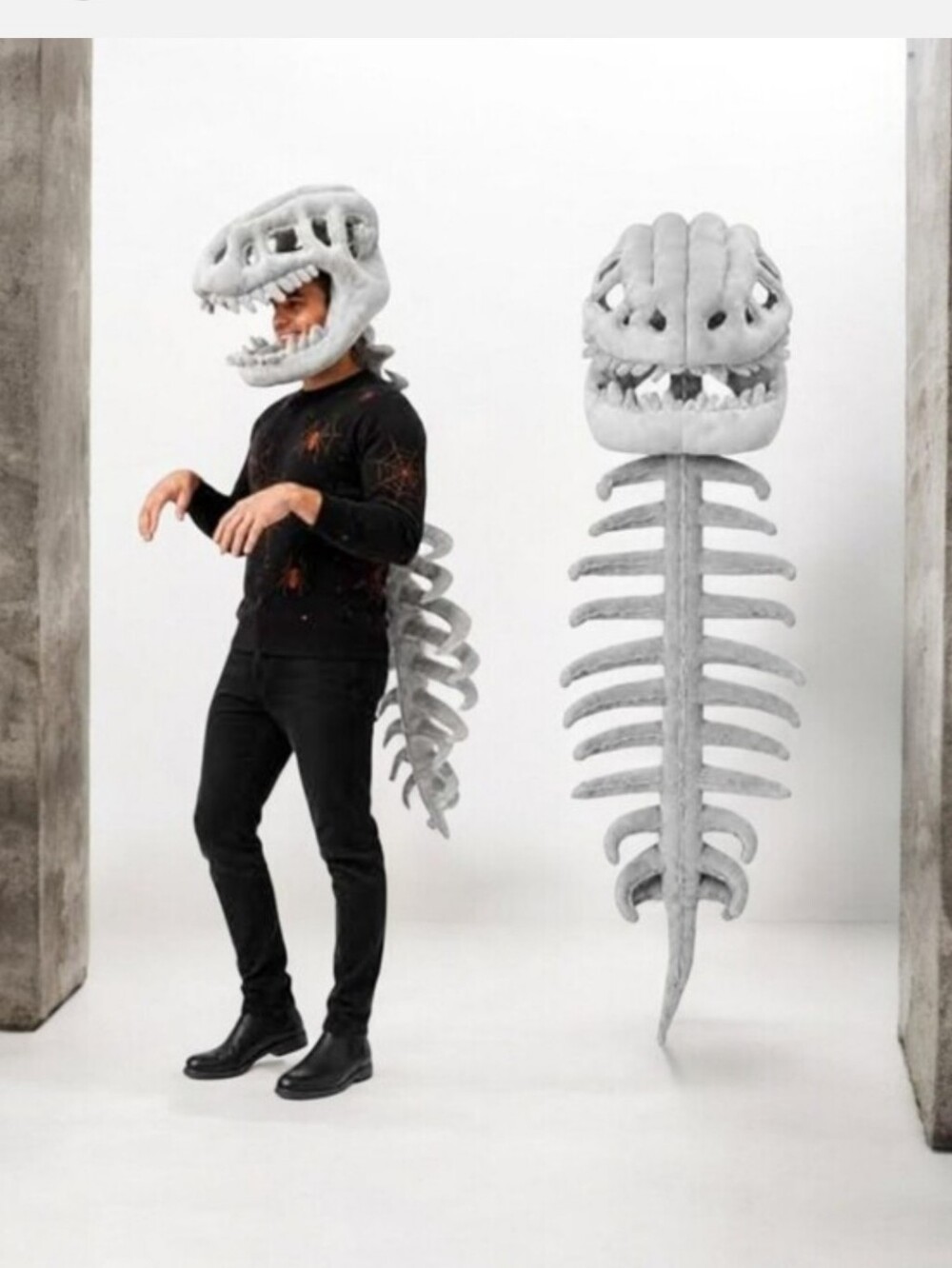 Kid's Or Adults Dinosaur Skeleton Costume Headpiece And Spine - Grey.